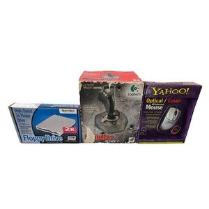 Vintage Logitech Wingman Attack 2, Yahoo Optical Mouse, Floppy Drive Bundle.